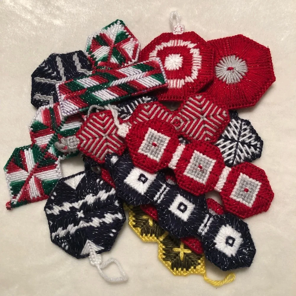 Vintage Handmade Plastic Canvas Needlepoint Christmas Ornaments - Set of 16
